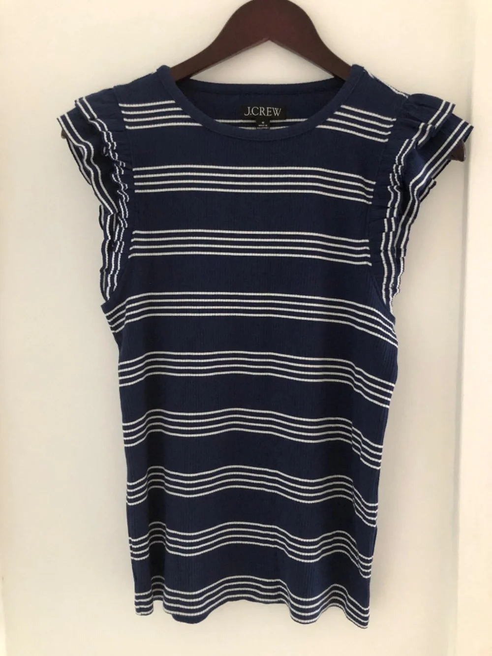 J. Crew Striped Ruffle-Sleeve Ribbed Tank Top in Navy & White.Size M